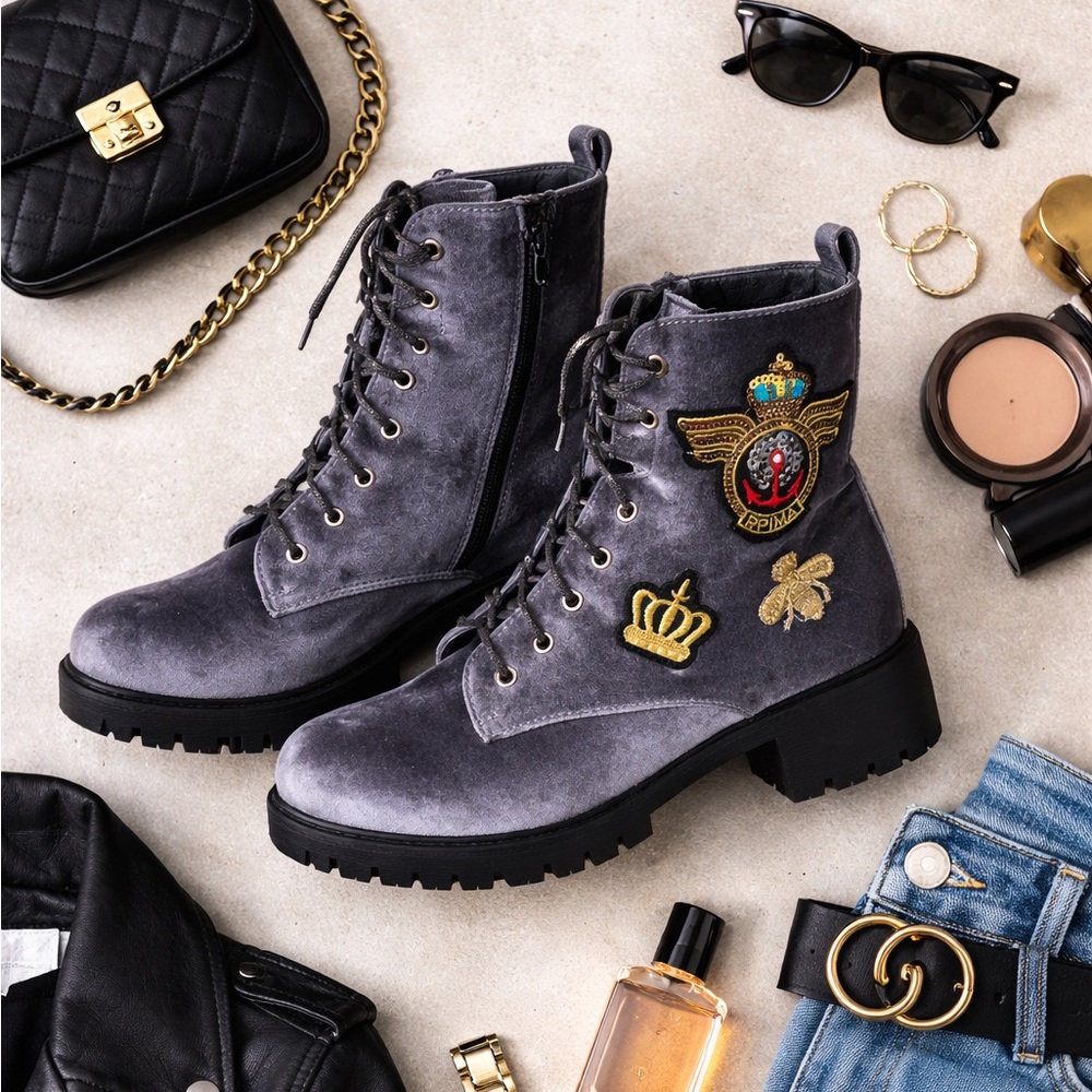 Source Unknown Gray Embroidered Combat Boots - image 1